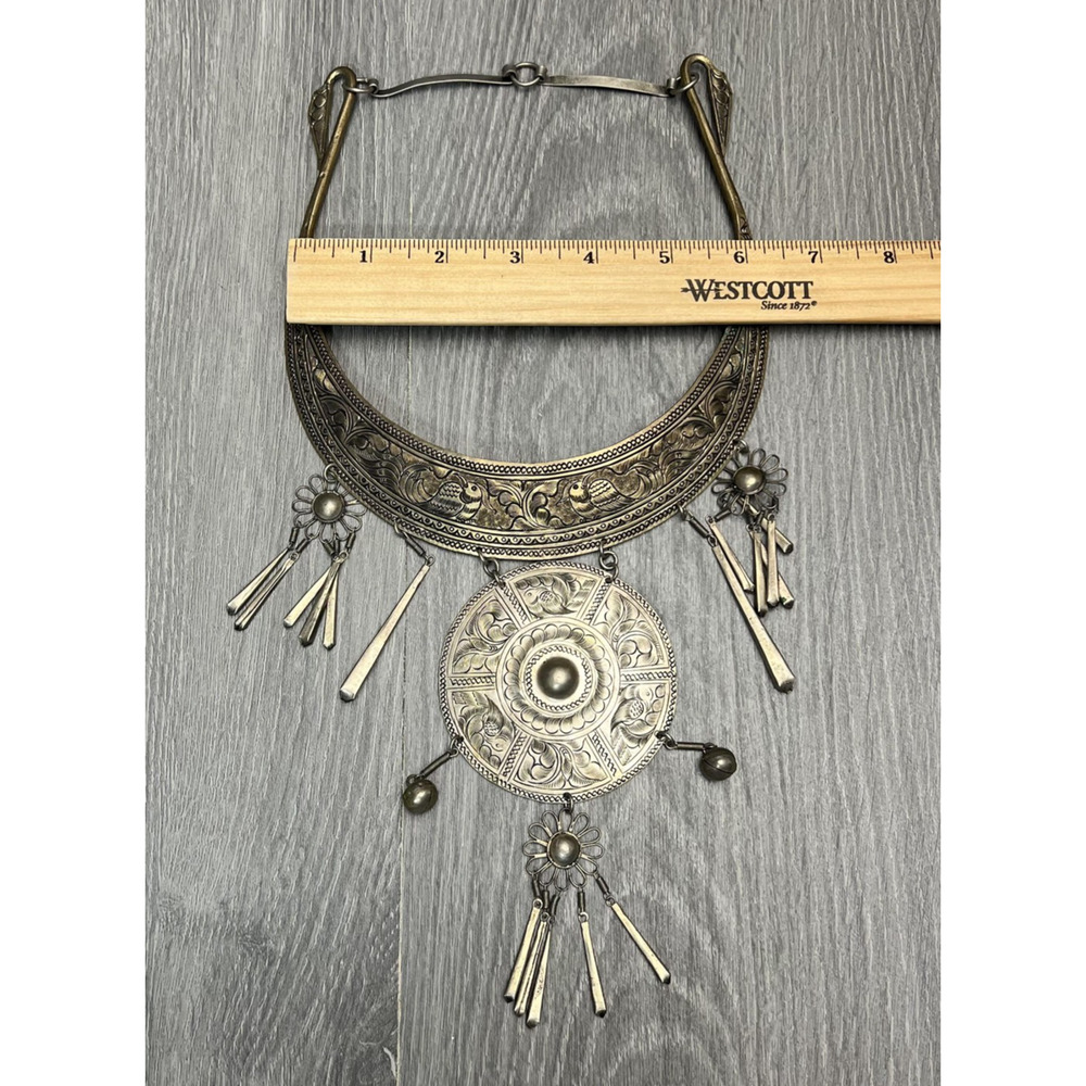 Tribal Boho Collar Statement Necklace Engraved Birds Medallion Dangles Bells - Picture 14 of 16